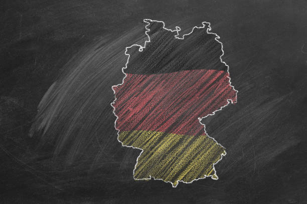 Germany. Map with flag, hand drawn chalk illustration Country map and flag of Germany drawing with chalk on a blackboard. One of a large series of maps and flags of different countries. Education, travel, study abroad concept. Study Abroad Countries stock pictures, royalty-free photos & images