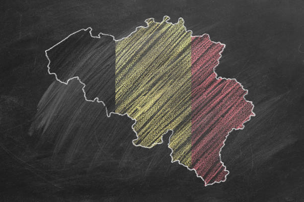 Country map and flag of Belgium drawing with chalk on a blackboard. One of a large series of maps and flags of different countries. Education, travel, study abroad concept.