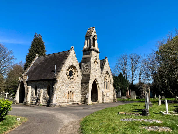 LONDON, ENGLAND. Old chapel Putney Lower Common Cemetery and Chapel. Blue sky, spring day. Old cemetery and graveyards.i putney photos stock pictures, royalty-free photos & images