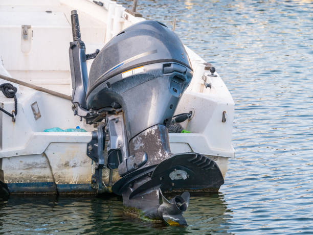 istock Close up with an worn out motor boat engine 1313083025