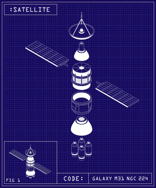 위성 청사진 레이더 우주선 우주 탐사 기술 - 위성 우주선 stock illustrations
