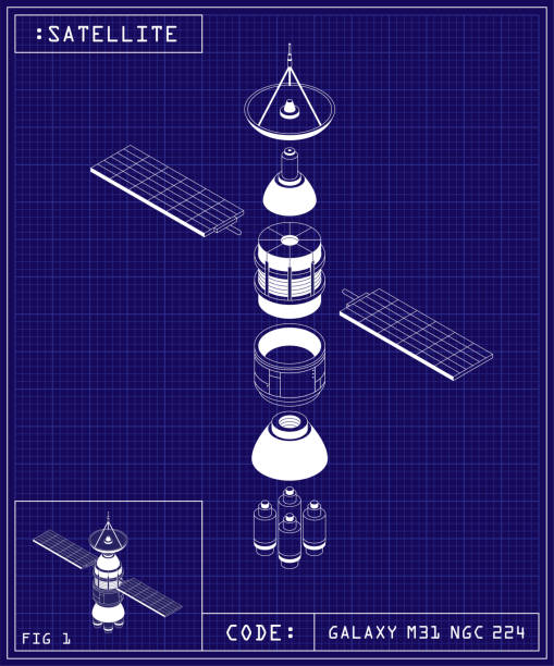 Satellite Blueprint Radar Spacecraft Outer Space Exploration Technology Blueprint of an outer space satellite, radar, spacecraft. Telecommunication satellite technology isometric vector illustration. space exploration stock illustrations