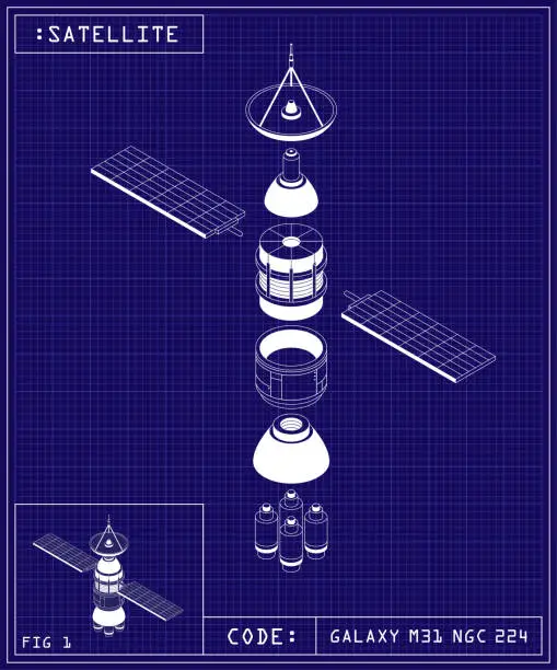 Vector illustration of Satellite Blueprint Radar Spacecraft Outer Space Exploration Technology