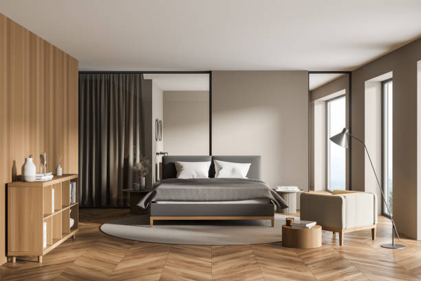 istock Wooden bedroom interior with bed and bathroom 1313084039