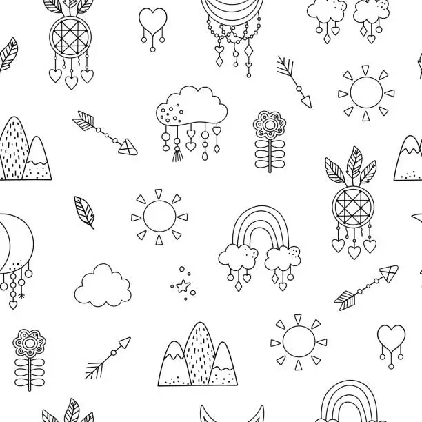Vector illustration of Vector black and white boho ornament. Bohemian line seamless pattern with stars, sun, mountains, dreamcatcher and clouds. Wild and free repeating background. Ethnic native digital paper