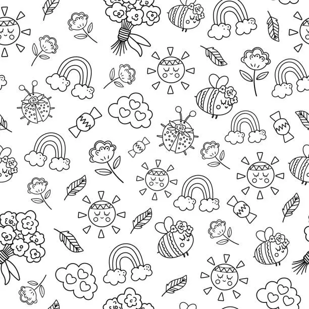 Vector illustration of Vector boho black and white ornament. Bohemian seamless pattern with kawaii sun, flowers, rainbow. Wild and free or holiday background. Ethnic tribal digital paper for kids or coloring page