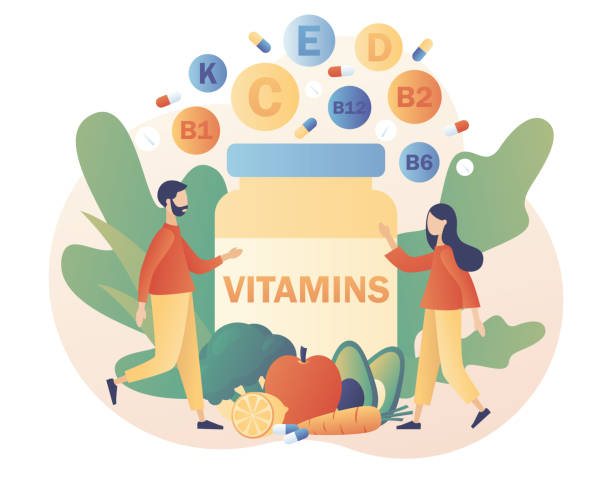 vitamine komplex. gesunder lebensstil. winzige menschen und glas multi-vitamin-ergänzung, vitamin a, gruppe b b1, b2, b6, b12, c, d, e, k. moderne flache cartoon-stil. vektor-illustration auf weißem hintergrund - vitamin c vitamin a vitamin e vegetable stock-grafiken, -clipart, -cartoons und -symbole