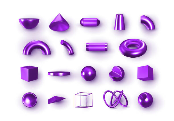 illustrations, cliparts, dessins animés et icônes de ensemble d’objets 3d formes géométriques pourpres. éléments de géométrie réalistes isolés sur fond blanc, sur dégradé de couleurs métalliques. rendre la figure violette décorative pour la conception. illustration vectorielle - lunettes 3d