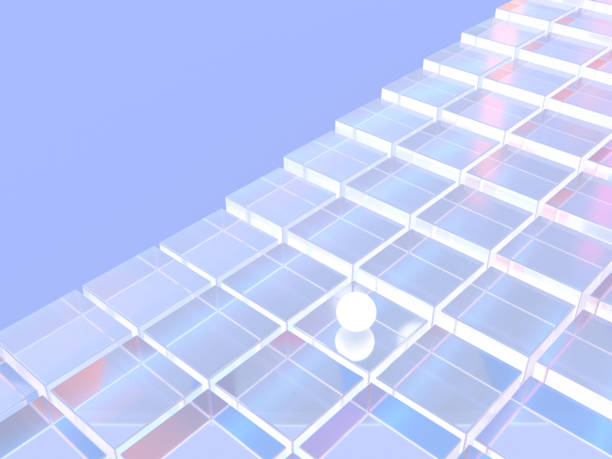 istock 3D rendered glass blocks with a highlighted white ball on a light blue background. Illustration for a data movement, blockchain, or digital markets. Visualization for modern technology. 1313086740