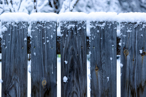 Close-up of an old fence made of wooden planks. Picturesque flakes of snow stuck to the surface of the slats. Background.