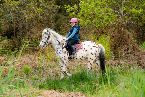 cute girl on her pony in spring