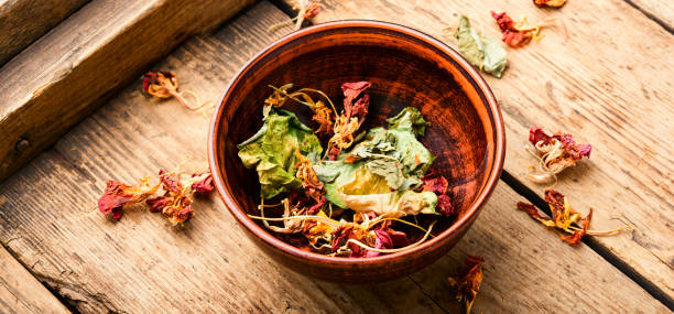 istock Nasturtium in herbal medicine,wooden table 1313091382