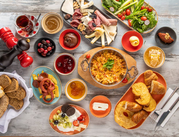 istock Traditional Turkish Breakfast served with traditional turkish tea on stone table 1313094623