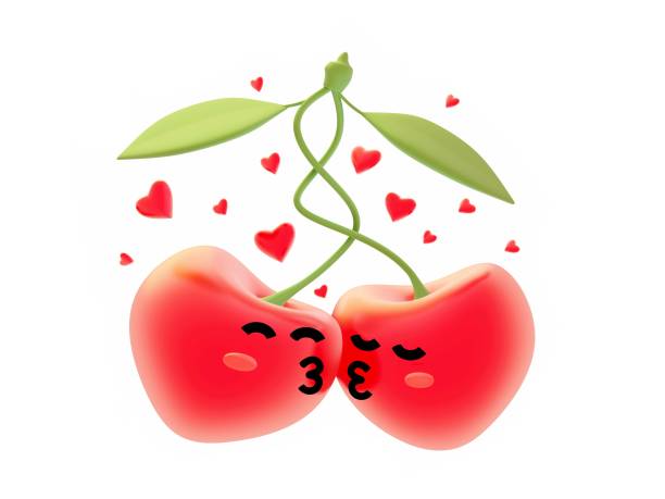 счастливый день валентина иллюстрация с 3d красный сладкий поцелуй вишни на белом фоне с сердцем. праздничный романтический дизайн - cherry valentine стоковые фото и изображения