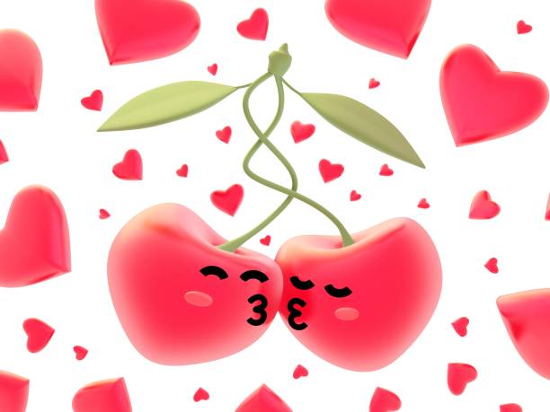 счастливый день валентина иллюстрация с 3d красный сладкий поцелуй вишни на белом фоне с большим сердцем. праздничный романтический дизайн  - cherry valentine стоковые фото и изображения