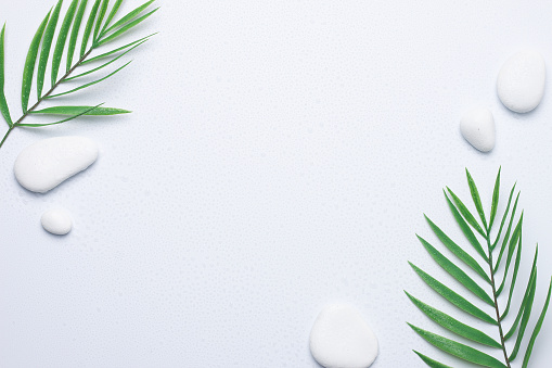 Spa background with white stones and palm leaves on white. Flat lay,copy space