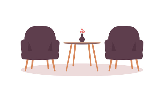 Two wooden-legged burgundy armchairs and a coffee table with a vase of flowers. Furniture for a cozy living room,hotel lobby or bank is isolated on a white background. Vector flat cartoon illustration
