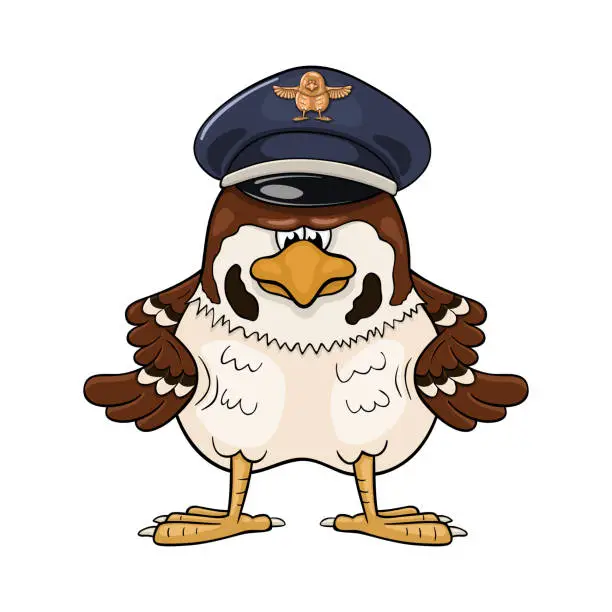 Vector illustration of Severe cartoon sparrow in pilot service cap