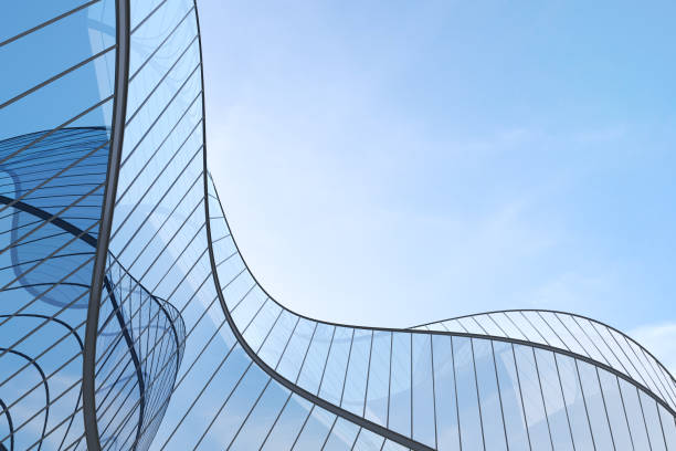 istock Low angle view of futuristic architecture, Skyscraper office building with cloud reflected on window, 3D rendering. 1313097889