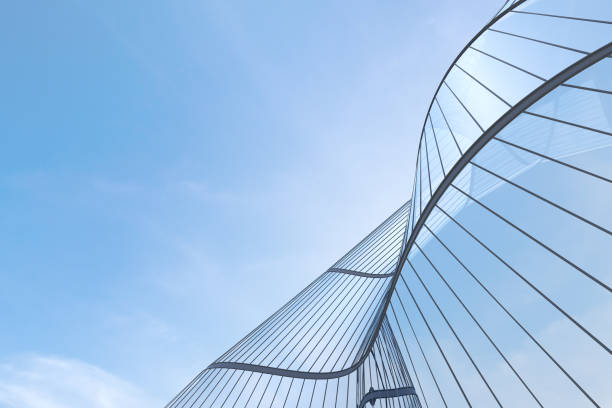 istock Low angle view of futuristic architecture, Skyscraper office building with cloud reflected on window, 3D rendering. 1313097890