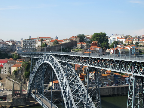 A bridge of steel across the river in Porto, Portugal.