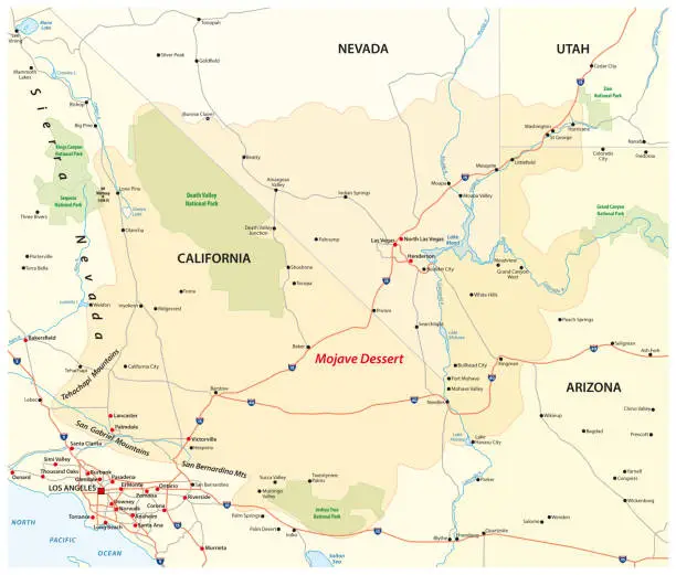 Vector illustration of vector map of the mojave desert in the western united states