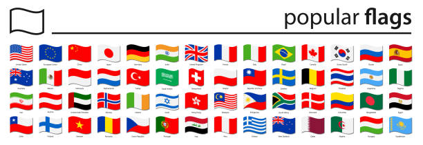 illustrations, cliparts, dessins animés et icônes de drapeaux du monde - vector wave rectangle flat icons - most popular - drapeau national