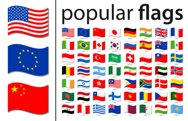 мировые флаги - векторная волна прямоугольник плоские иконки - самые популярные - все европейские флаги stock illustrations