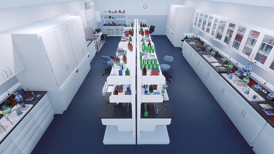 High angle view of empty scientific research laboratory interior with various modern lab equipment on workplace tables. With no people medical and science concept 3D illustration from my 3D rendering.