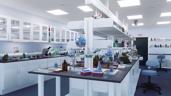 Empty scientific research lab room interior with various modern laboratory equipment on workplace tables and shelves. With no people medical and science concept 3D illustration from my 3D rendering.