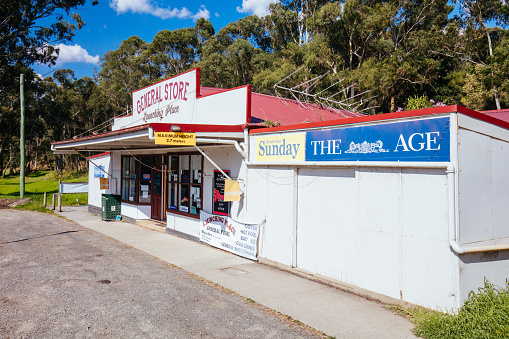 Launching Place, Australia - April 8 2021: A classic Australian milk bar and general store at Launching Place on a warm autumn day in Victoria, Australia