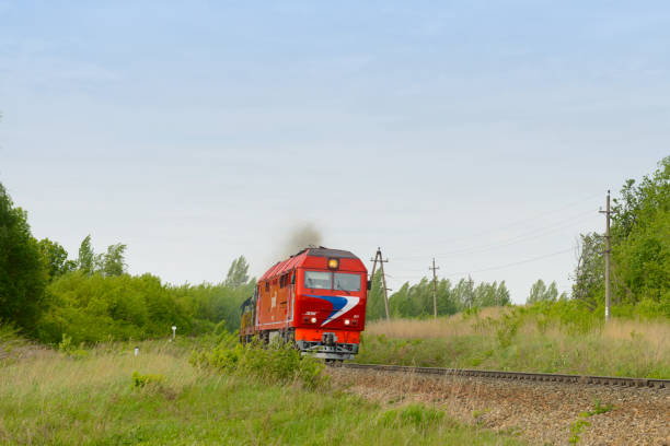 czuwaj. rosja. czerwona lokomotywa jeździ koleją w środku lasu. - czuwaj! zdjęcia i obrazy z banku zdjęć