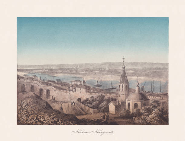 ilustraciones, imágenes clip art, dibujos animados e iconos de stock de vista histórica de nizhni nóvgorod, rusia, cromolítico, publicado en 1868 - oka river