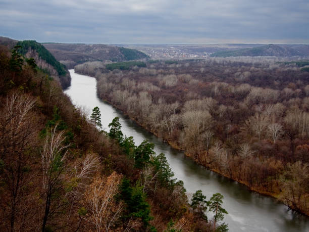 istock Forest and river on a gloomy autumn day 1313107739