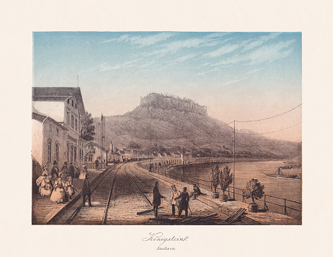 Historical view of Königstein, Saxon Switzerland, Saxony, Germany. Chromolithograph, published in 1868.