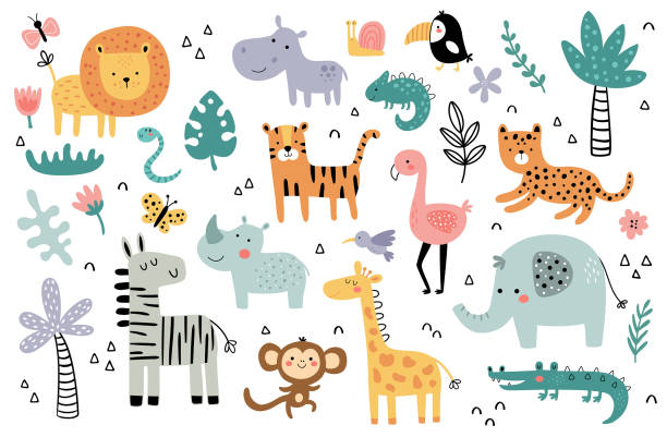 illustrazioni stock, clip art, cartoni animati e icone di tendenza di set vettoriale di simpatici e divertenti animali africani - animals