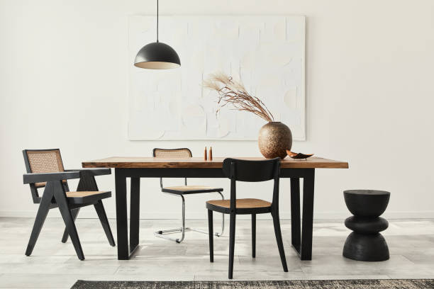 istock Minimalist composition of dining room interior with wooden table. Template. 1313111554
