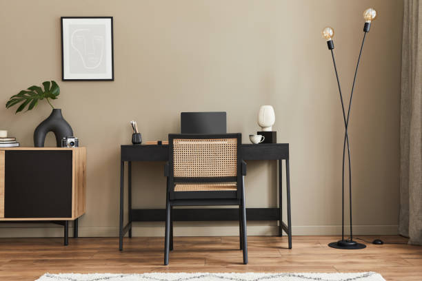 istock Stylish composition of home office interior and elegant office accessories. Template. 1313111656