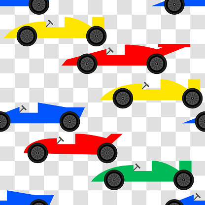Seamless pattern with hand drawn retro racing cars. Cartoon car vector texture illustration. Perfect for kids fabric, textile, nursery wallpaper. Toy Racing Cars Vector Seamless Pattern