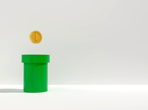 La tubería verde tiene una moneda en la parte superior. Y espacio libre para colocar productos / Render 3D photo