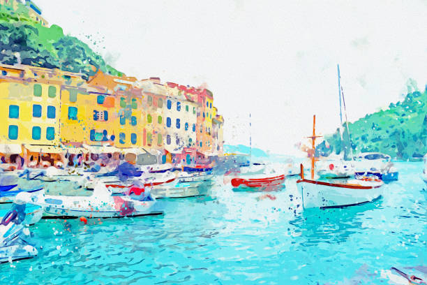 ilustrações, clipart, desenhos animados e ícones de desenho de aquarela da costa de portofino linda cidade na itália. - liguria