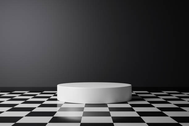istock Abstract product background and checkered pattern flooring on dark room pedestal or white podium with backdrops display. 3D rendering. 1313115579