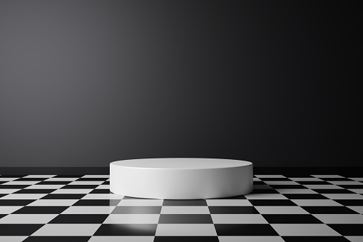 Abstract product background and checkered pattern flooring on dark room pedestal or white podium with backdrops display. 3D rendering.