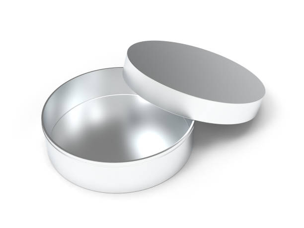 istock Silver round metal package box for packing items, white background. 3D Render 1313116511