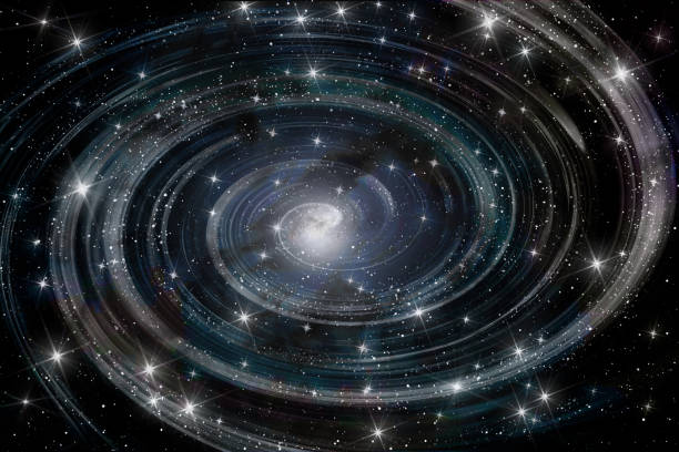 Abstract space background with spiral glowing nebula, cloud formations and many different stars in deep space