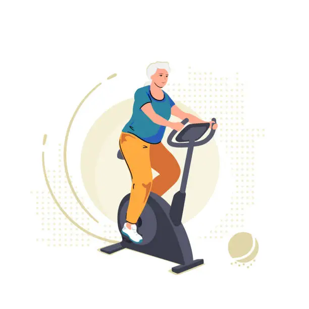 Vector illustration of Elderly senior woman on exercise bike. Home workout training on stationary bicycle. Sport indoor retirement, active mature pensioner illustration. Cardio cycling person, isolated vector concept
