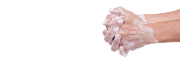 istock Washing hands with soap, foam on skin, isolated on white background. 1313120388