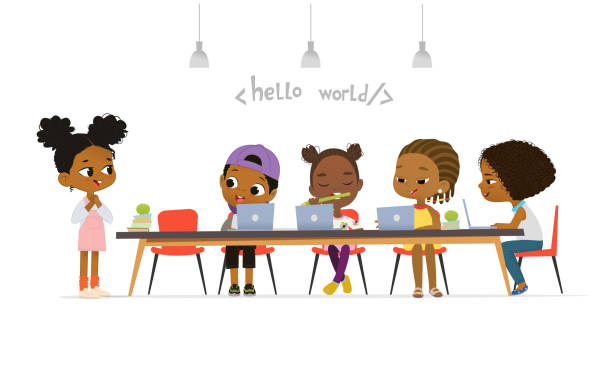 Happy African American children sitting at laptops and learning programming during school lesson. Coding for kids concept. Vector illustration for website, advertisement, poster. Happy African American children sitting at laptops and learning programming during school lesson. Coding for kids concept. Vector illustration for website, advertisement, poster girls coding stock illustrations