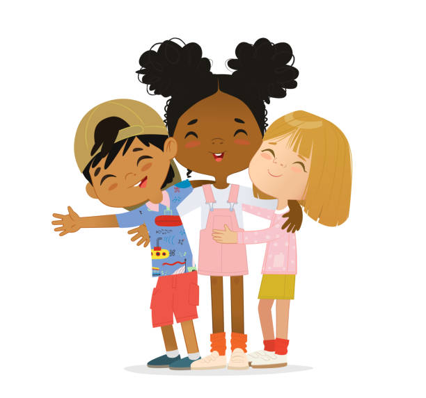 Happy multi ethnic multi aged kids hug each other. Happy multi ethnic multi aged kids hug each other multicultural children stock illustrations