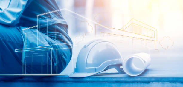 istock Panoramic banner of Engineer, blueprint and helmet with construction drawing on background, planning for construction project 1313123195